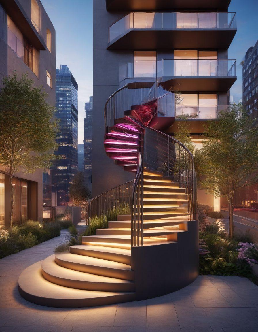 A dynamic spiral staircase symbolizing growth and progress, with each step labeled with key iterative phases like 'Plan', 'Execute', 'Review', and 'Optimize'. A subtle light illuminating the steps, conveying a sense of journey and transformation. In the background, a thriving cityscape represents project success on a grand scale. vivid colors. 3D rendering.