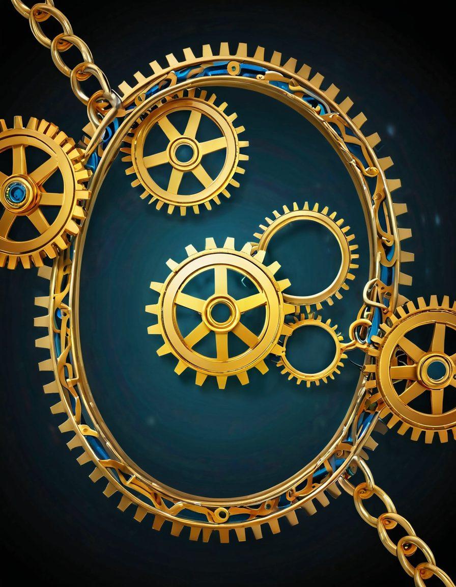 A symbolic representation of a sturdy chain made of golden links, each link representing different stages of success and progression in work. In the background, intricate gears and cycles symbolizing ongoing progress and teamwork, with an upward trajectory graph intertwined with the chain. Bright, motivating colors evoke a sense of positivity and determination. super-realistic. vibrant colors. dynamic composition.