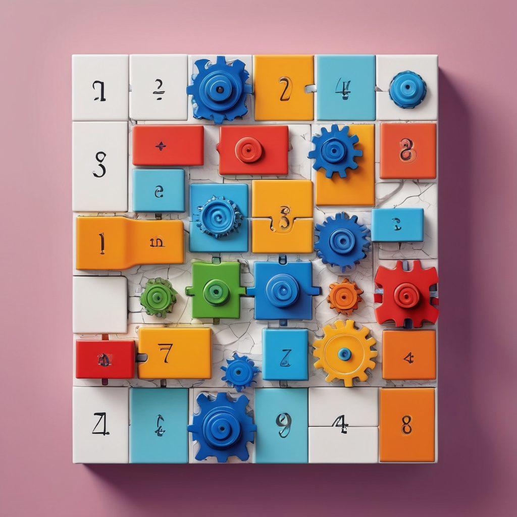 A visually engaging representation of a colorful cascade of numbered blocks or tiles, gracefully flowing in a sequence, each block labeled with a different project element or keyword, set against a minimalist background. Include subtle hints of gears and cogs to symbolize the mechanics of ordered series in project management. The color palette should be vibrant and eye-catching, inviting curiosity and creativity. super-realistic. vibrant colors. white background.